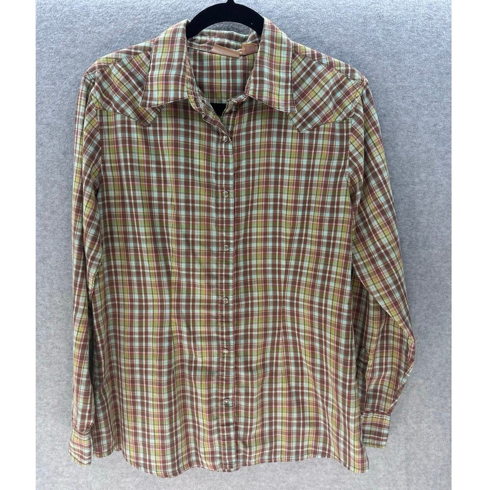 Wrangler Women's sz L Snap Plaid Cotton Shirt LS Blue Brown Green 70s Inspired